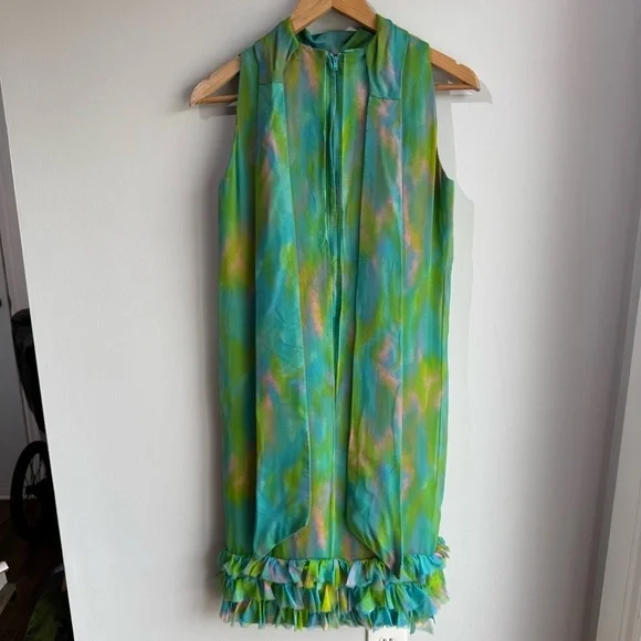 Vintage 60s Irving Nadler Watercolor Shift Dress S/M Green Sleeveless Ruffle Mod - Picture 6 of 12